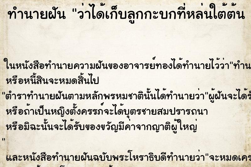 ทำนายฝันทำนายฝันว่าได้เก็บลูกกะบกที่หล่นใต้ต้น